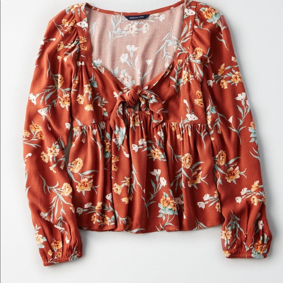 NWOT American Eagle Floral Front Tie Top - Picture 2 of 8
